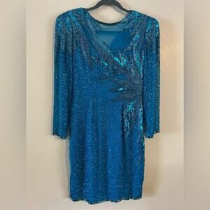 AJ Bari Petites Beaded Teal Evening Dress Long Sleeve Size 6P